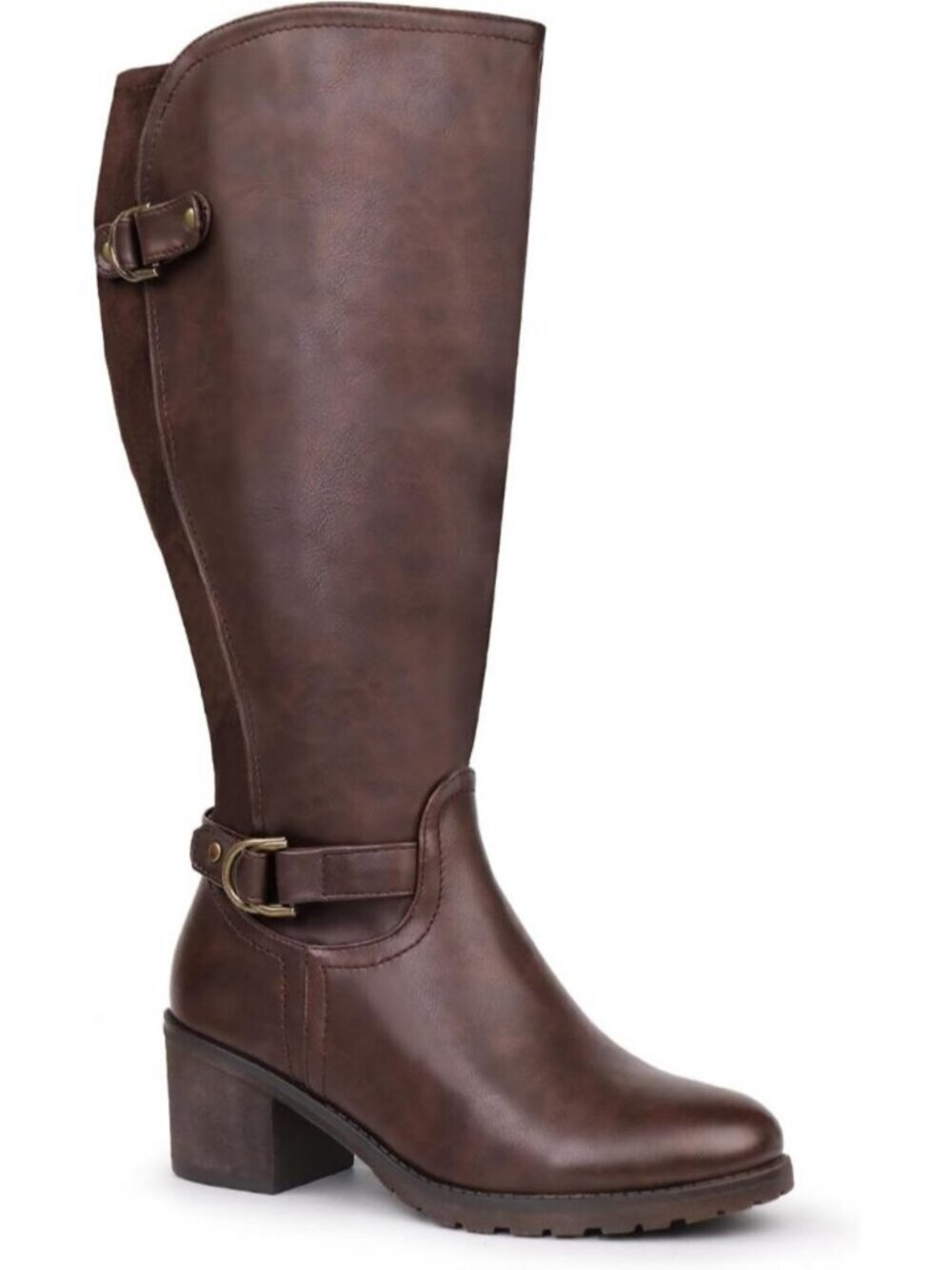 Women's Brown Wide Calf Knee High Riding Boot Double Buckle Block Heel Round Toe